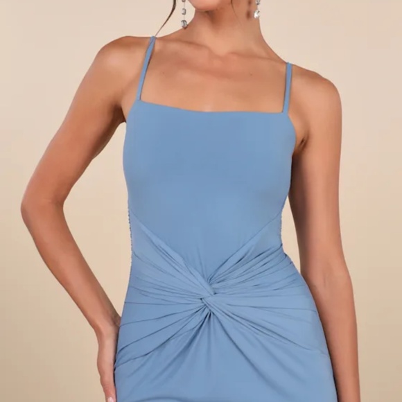 Lulus Mesmerizing Reputation Slate Blue Twist-front Bodycon Midi Dress - Size L - Picture 2 of 6